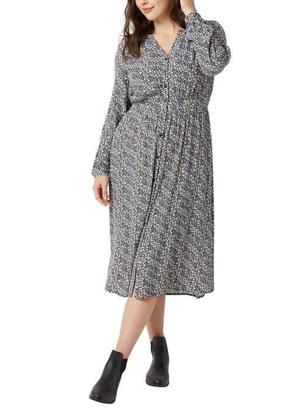 Chaps Button Front Midi Floral Dress Women's Medium Blue Long Sleeve Button Up